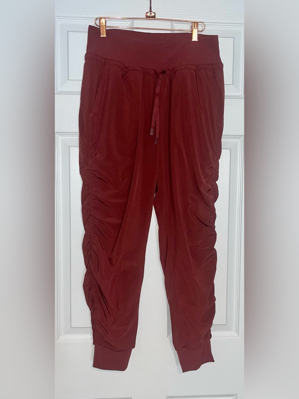 Athleta Lined Burgundy Ruched Track Joggers